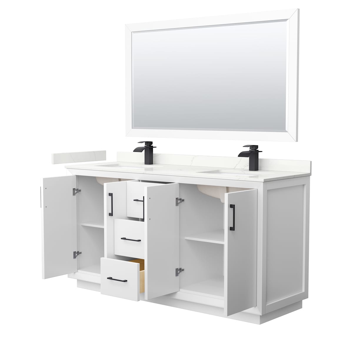 Strada 66" Free Standing Double Basin Vanity Set with Cabinet, Quartz Vanity Top, and Framed Mirror