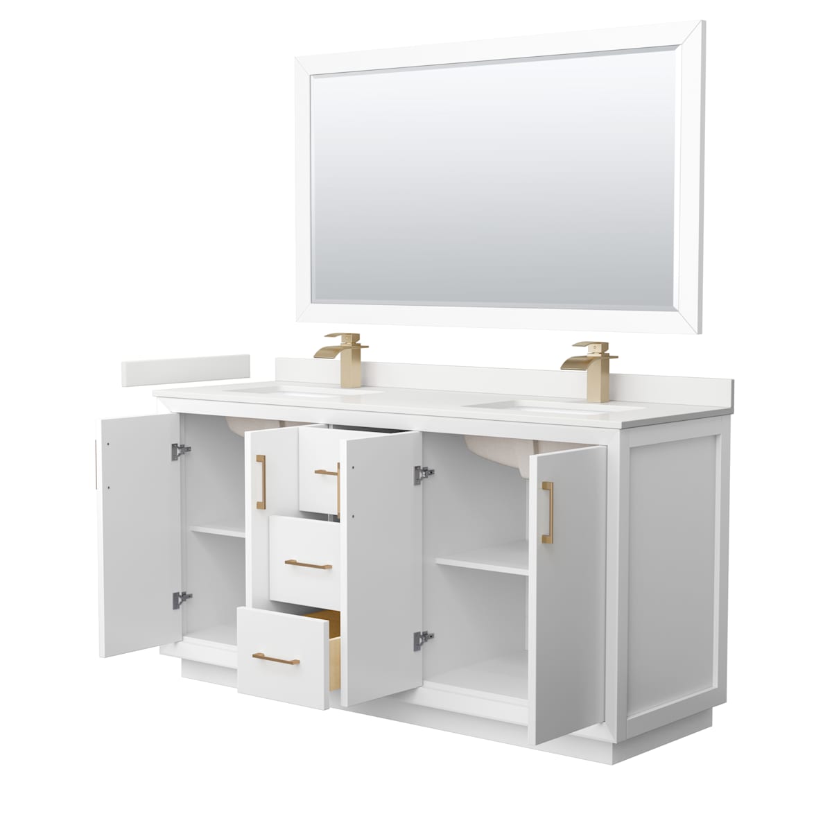 Strada 66" Free Standing Double Basin Vanity Set with Cabinet, Quartz Vanity Top, and Framed Mirror