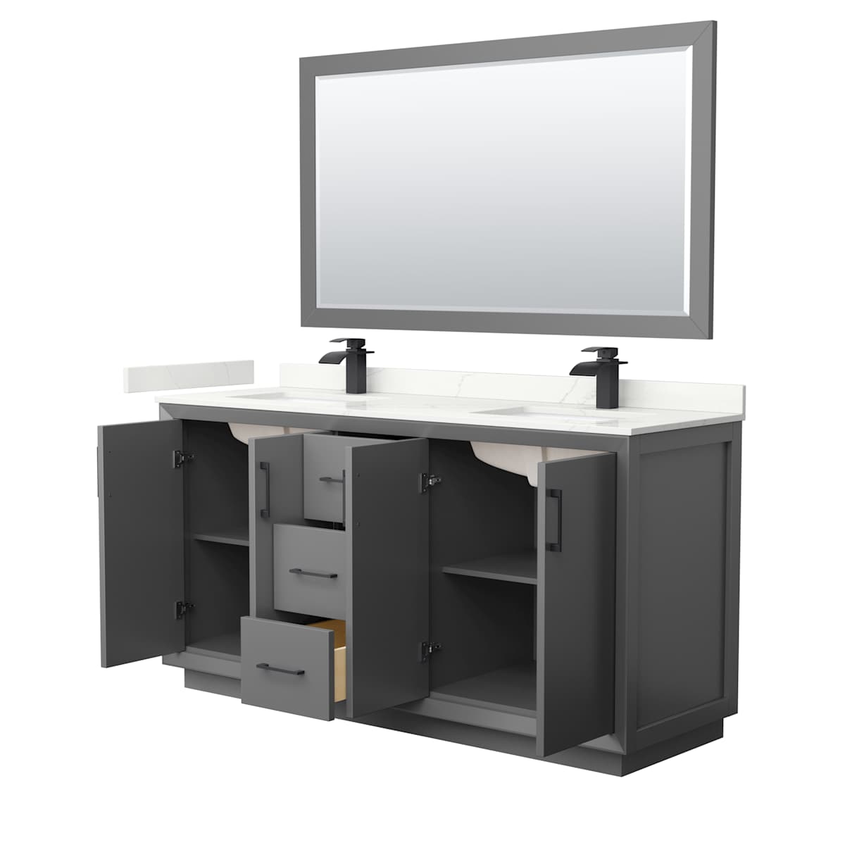 Strada 66" Free Standing Double Basin Vanity Set with Cabinet, Quartz Vanity Top, and Framed Mirror - image 15