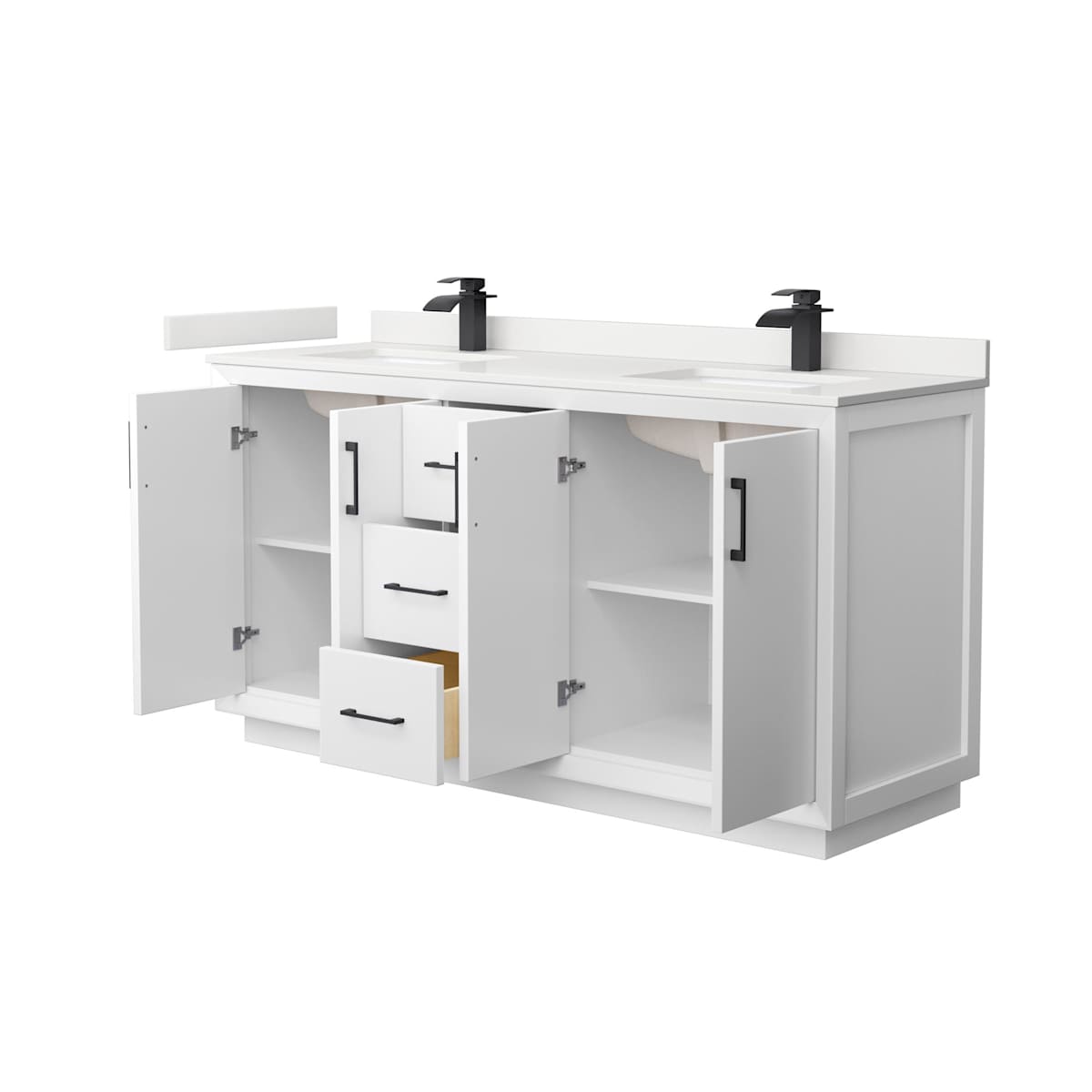 Strada 66" Free Standing Double Basin Vanity Set with Cabinet and Quartz Vanity Top