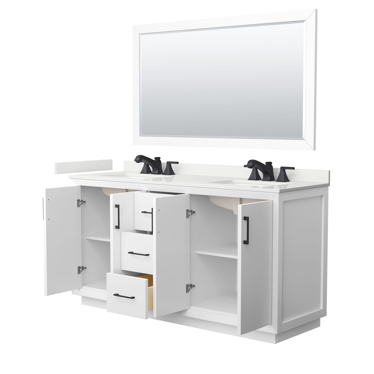 Strada 66" Free Standing Double Basin Vanity Set with Cabinet, Quartz Vanity Top, and Framed Mirror - image 10
