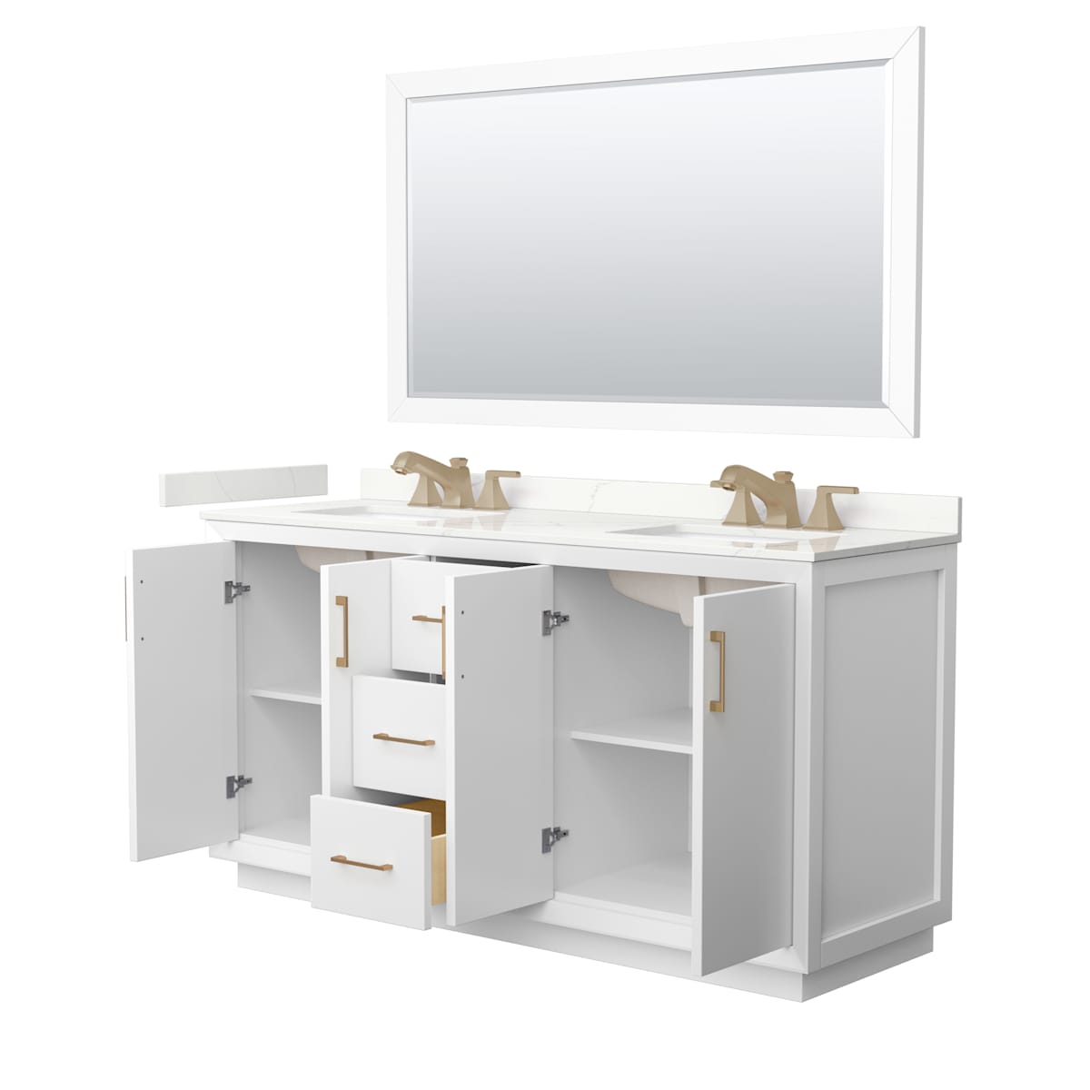 Strada 66" Free Standing Double Basin Vanity Set with Cabinet, Quartz Vanity Top, and Framed Mirror