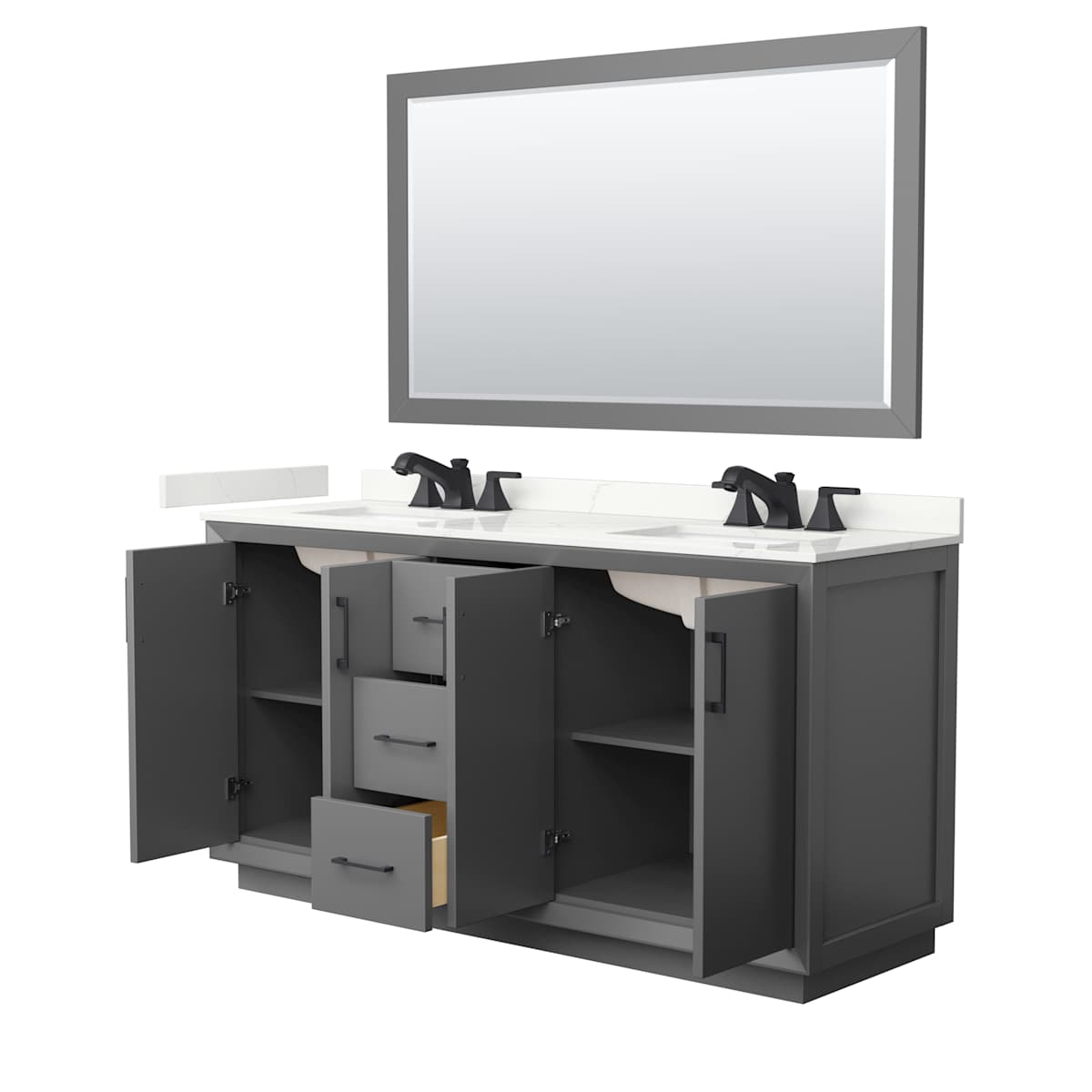 Strada 66" Free Standing Double Basin Vanity Set with Cabinet, Quartz Vanity Top, and Framed Mirror - image 13