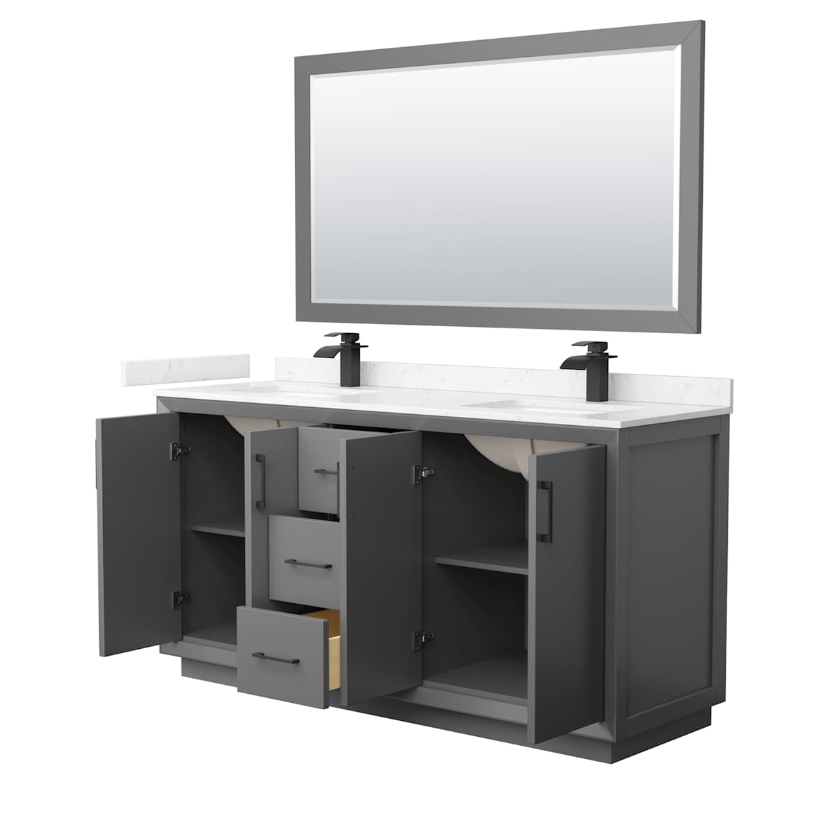 Strada 66" Free Standing Double Basin Vanity Set with Cabinet, Cultured Marble Vanity Top, and Framed Mirror