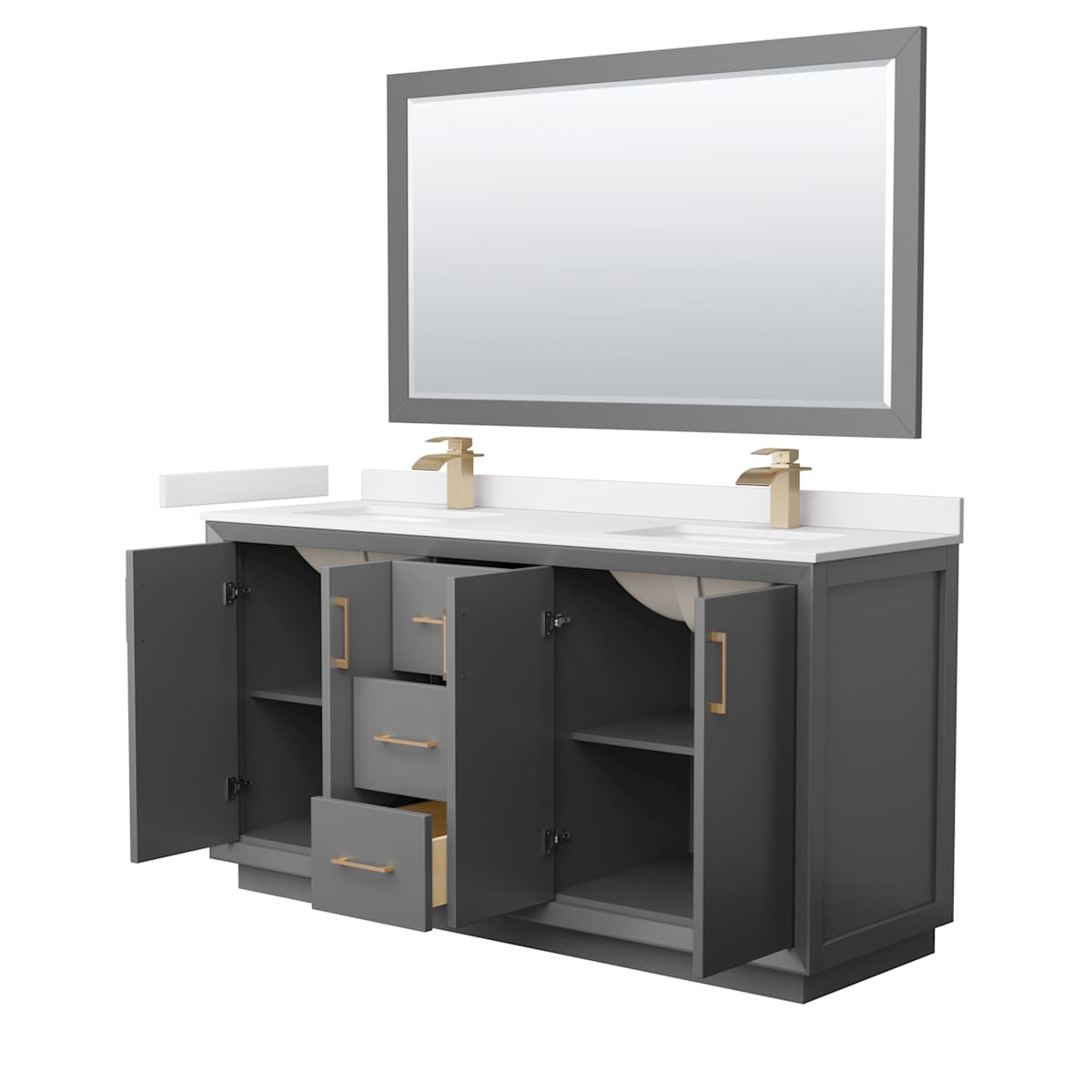 Strada 66" Free Standing Double Basin Vanity Set with Cabinet, Cultured Marble Vanity Top, and Framed Mirror
