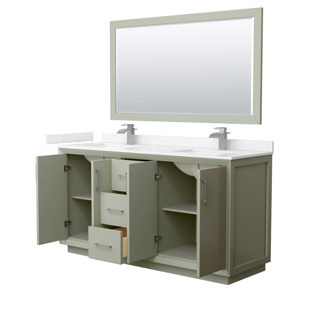 Strada 66" Free Standing Double Basin Vanity Set with Cabinet, Cultured Marble Vanity Top, and Framed Mirror