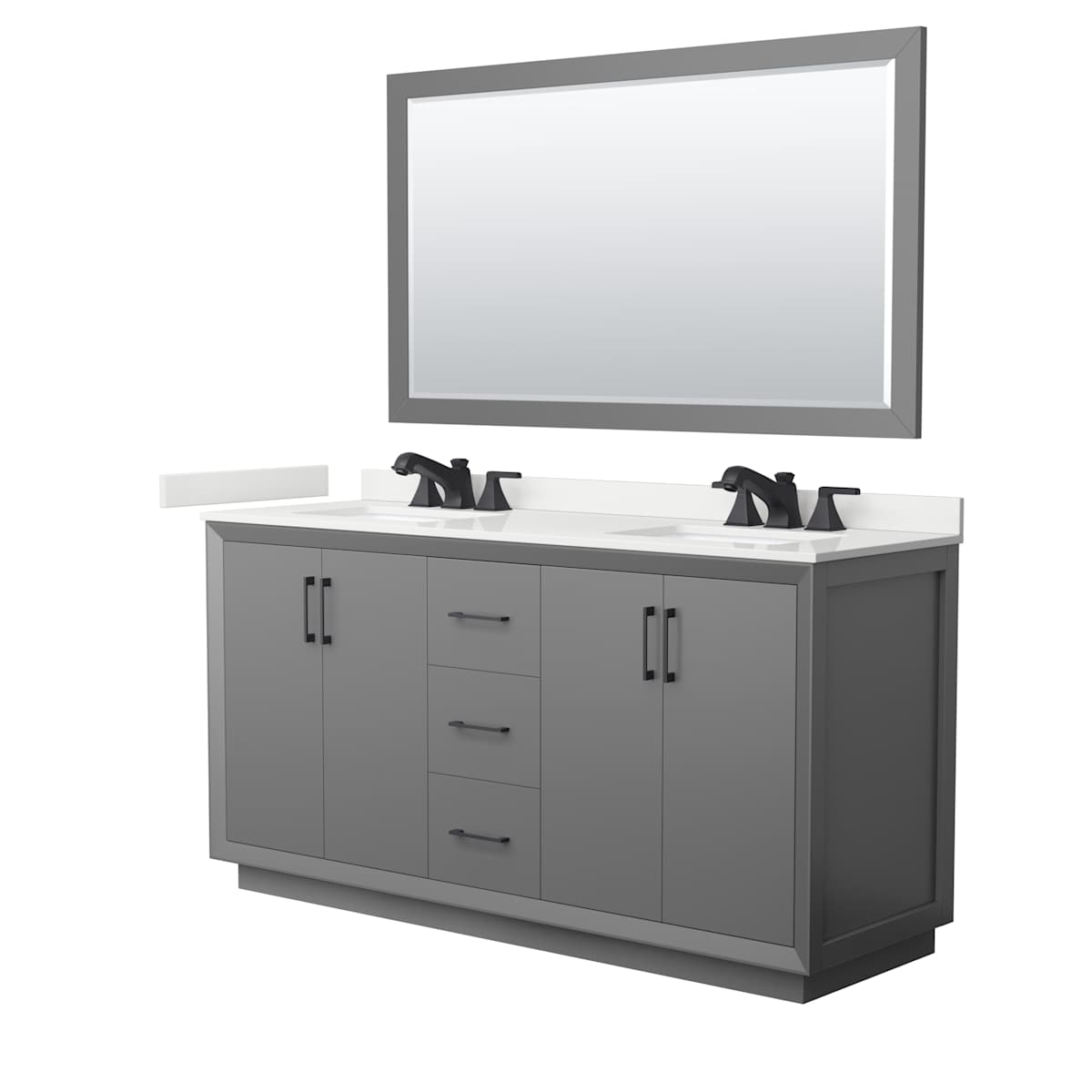 Strada 66" Free Standing Double Basin Vanity Set with Cabinet, Quartz Vanity Top, and Framed Mirror