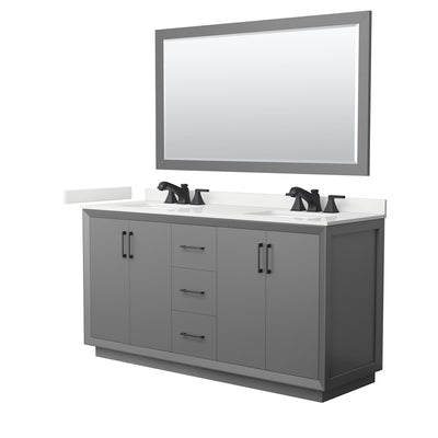 Strada 66" Free Standing Double Basin Vanity Set with Cabinet, Quartz Vanity Top, and Framed Mirror - image 1