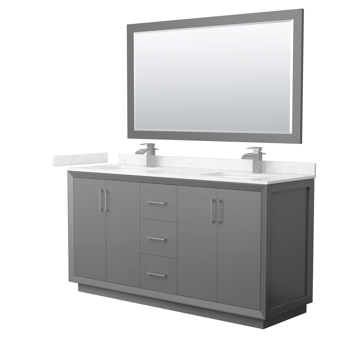 Strada 66" Free Standing Double Basin Vanity Set with Cabinet, Cultured Marble Vanity Top, and Framed Mirror - image 1