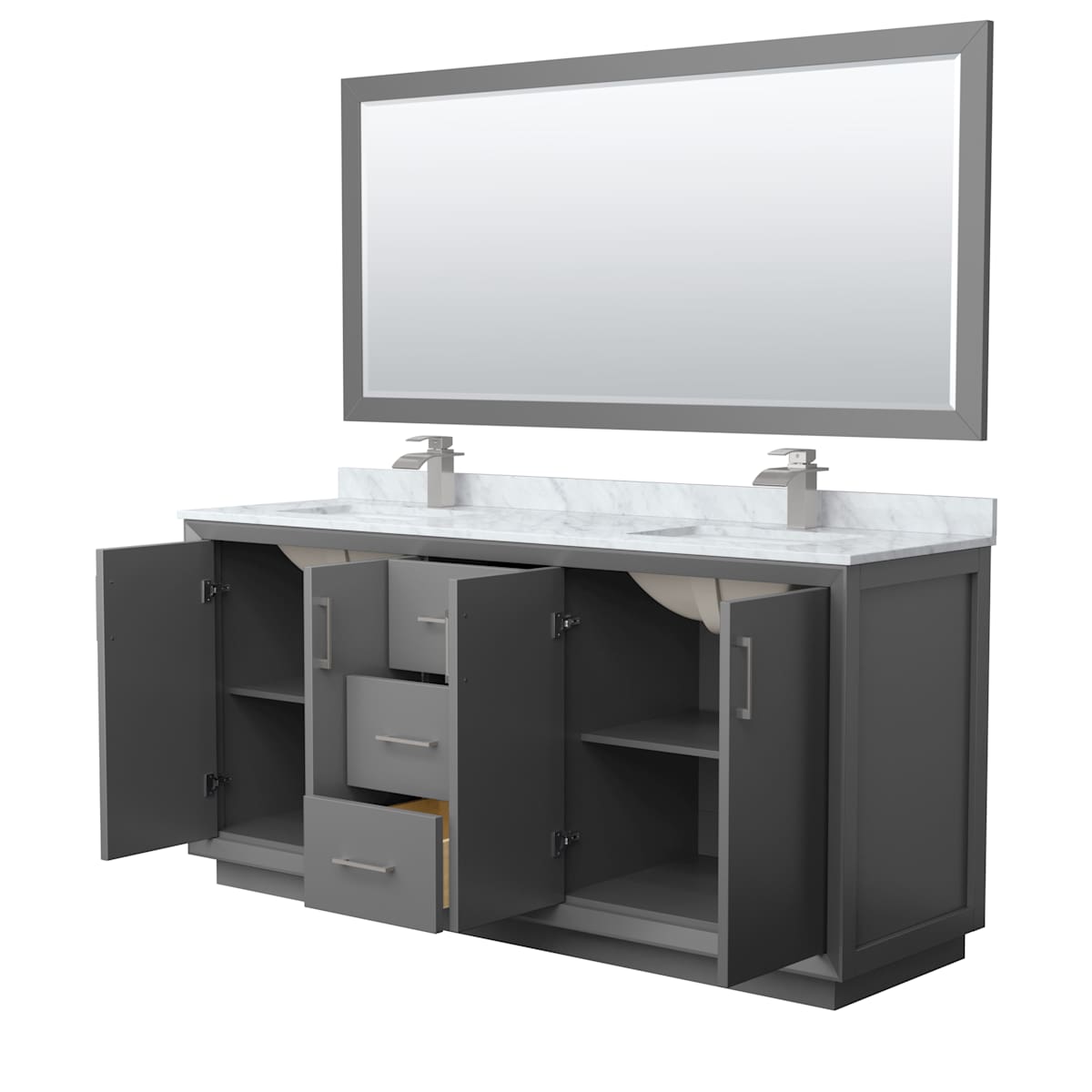 Strada 72" Free Standing Double Basin Vanity Set with Cabinet, Marble Vanity Top, and Framed Mirror