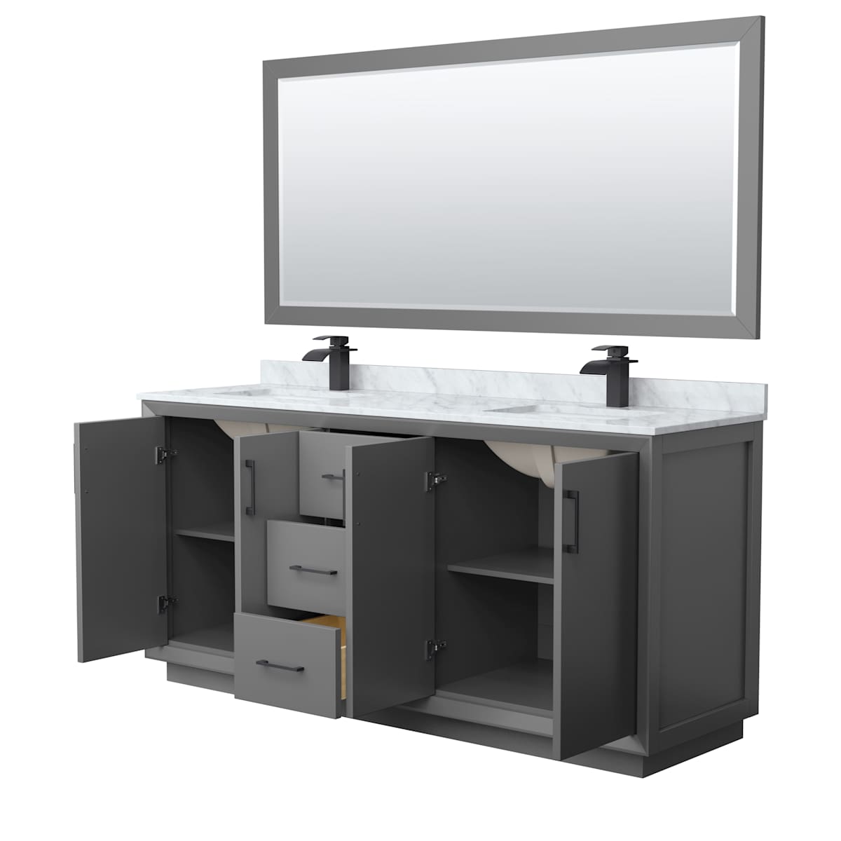 Strada 72" Free Standing Double Basin Vanity Set with Cabinet, Marble Vanity Top, and Framed Mirror