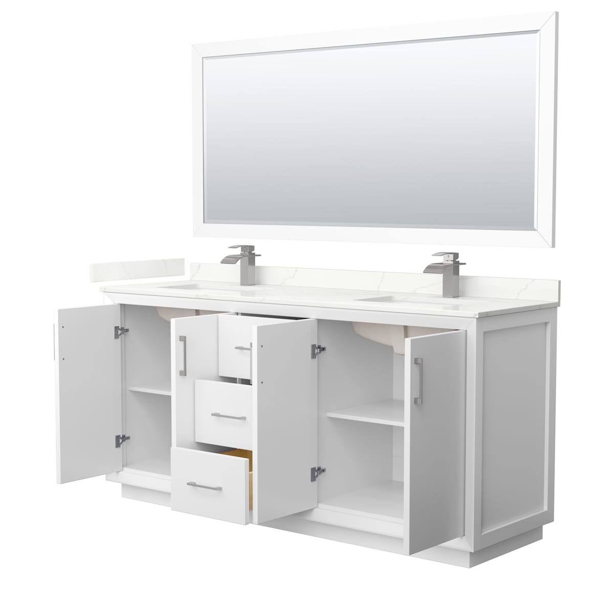 Strada 72" Free Standing Double Basin Vanity Set with Cabinet, Quartz Vanity Top, and Framed Mirror