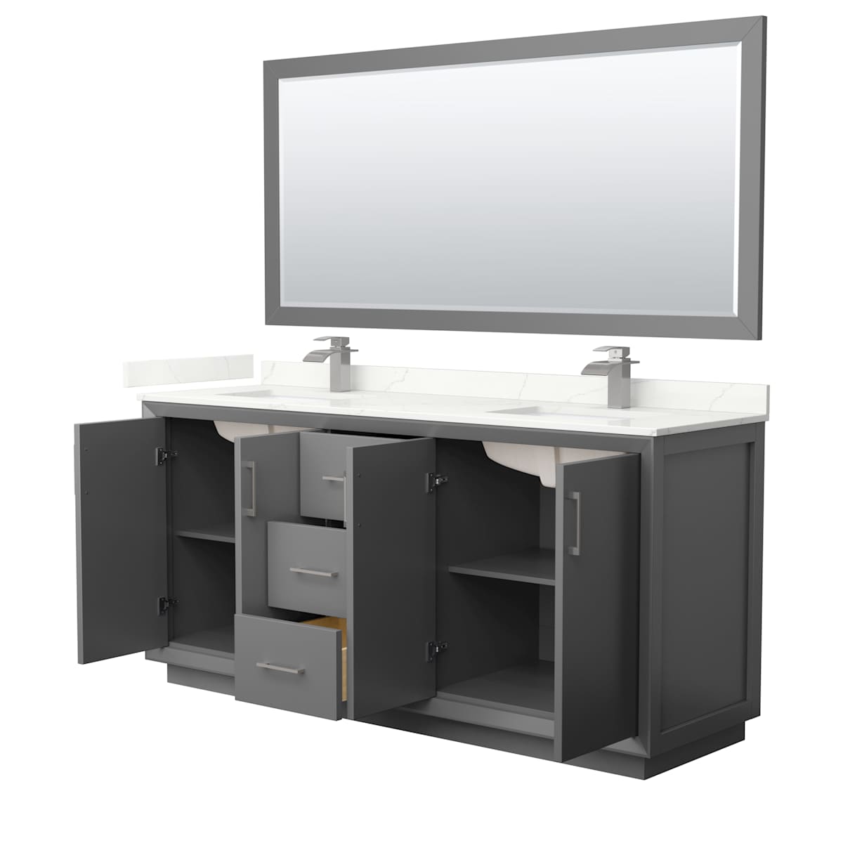 Strada 72" Free Standing Double Basin Vanity Set with Cabinet, Quartz Vanity Top, and Framed Mirror