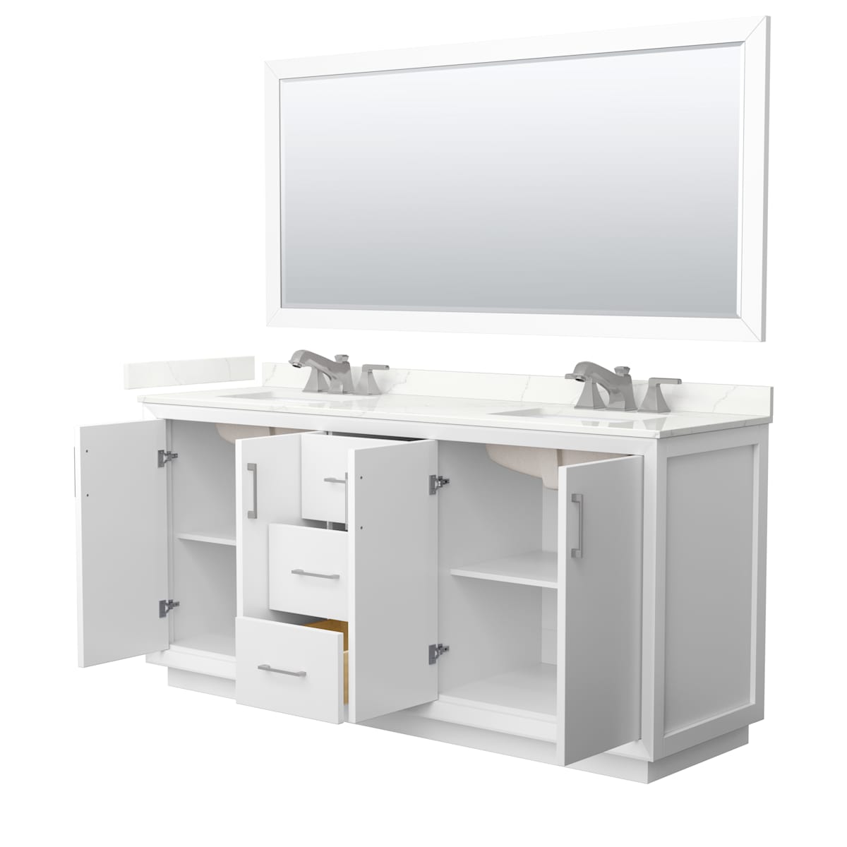 Strada 72" Free Standing Double Basin Vanity Set with Cabinet, Quartz Vanity Top, and Framed Mirror