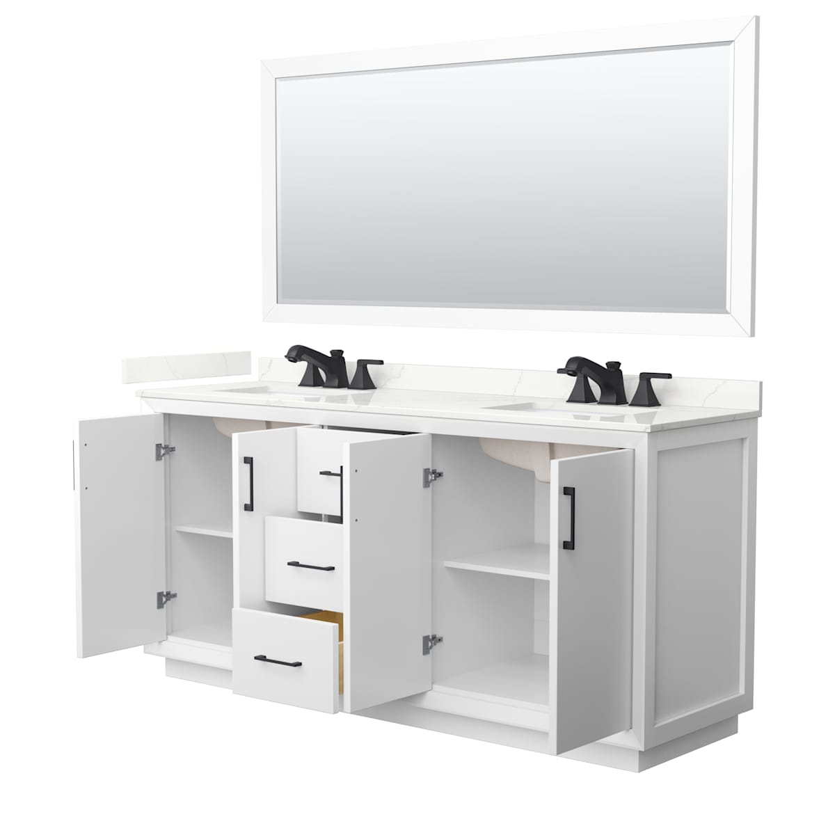 Strada 72" Free Standing Double Basin Vanity Set with Cabinet, Quartz Vanity Top, and Framed Mirror