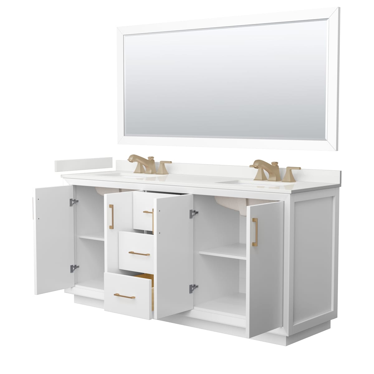 Strada 72" Free Standing Double Basin Vanity Set with Cabinet, Quartz Vanity Top, and Framed Mirror