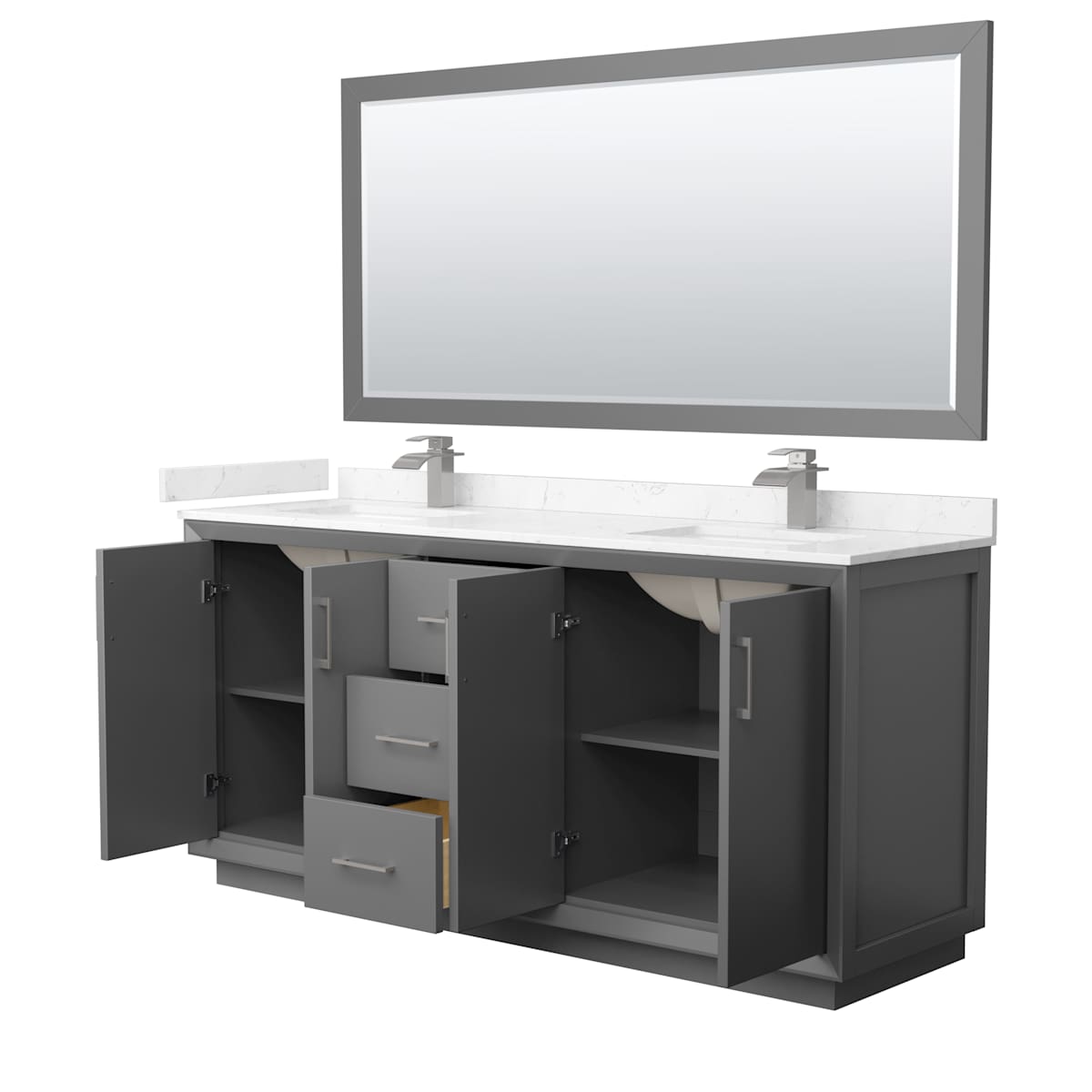 Strada 72" Free Standing Double Basin Vanity Set with Cabinet, Cultured Marble Vanity Top, and Framed Mirror