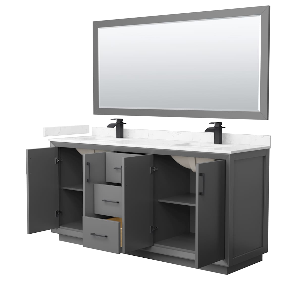 Strada 72" Free Standing Double Basin Vanity Set with Cabinet, Cultured Marble Vanity Top, and Framed Mirror - image 9