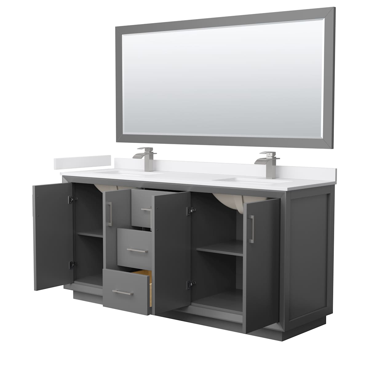 Strada 72" Free Standing Double Basin Vanity Set with Cabinet, Cultured Marble Vanity Top, and Framed Mirror - image 10