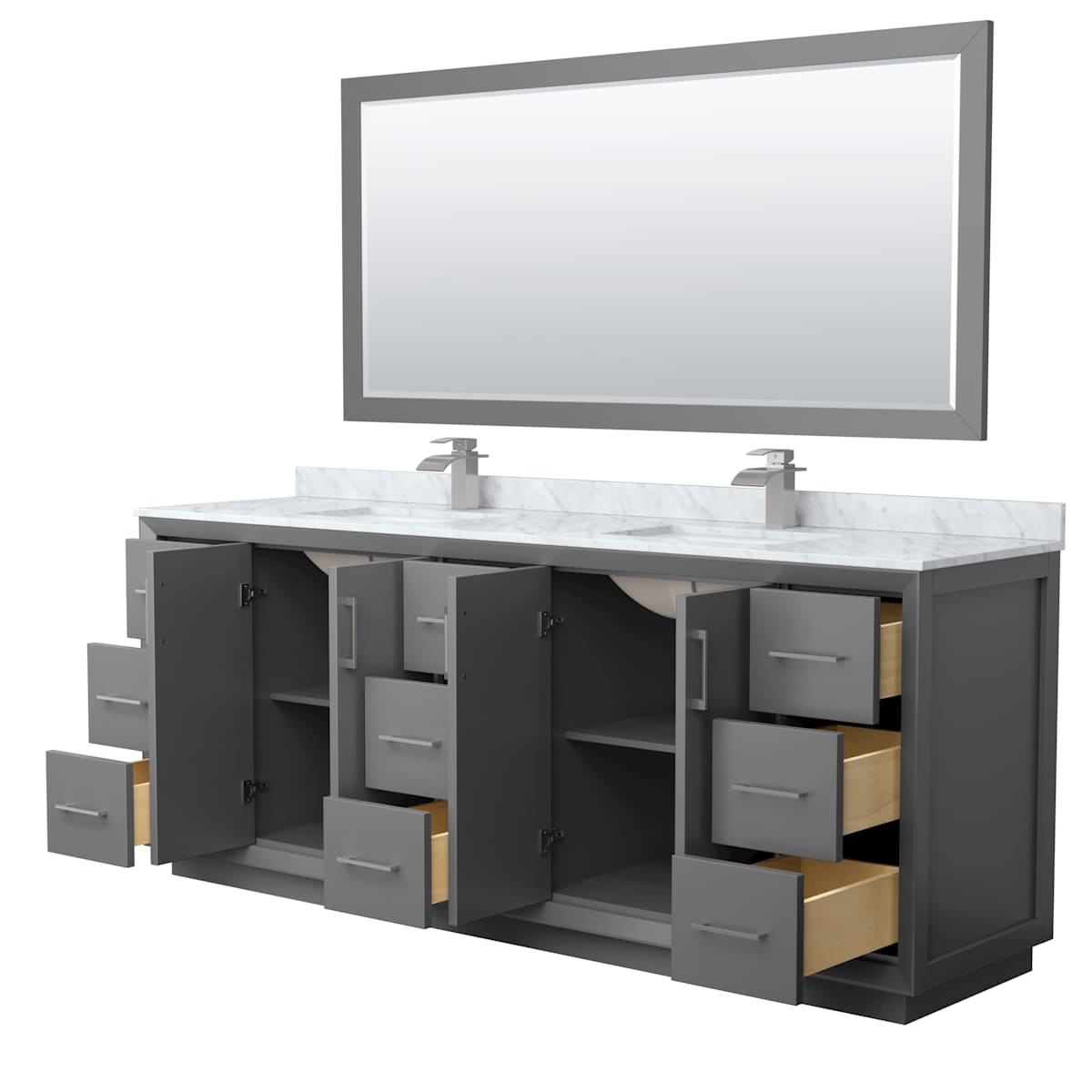 Strada 84" Free Standing Double Basin Vanity Set with Cabinet, Marble Vanity Top, and Framed Mirror