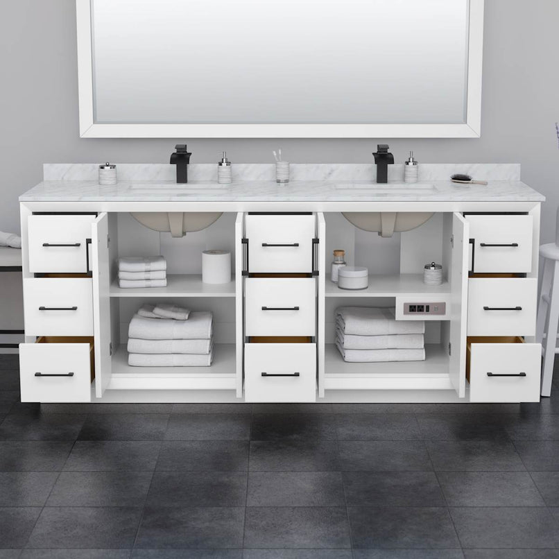 Strada 84" Free Standing Double Basin Vanity Set with Cabinet, Marble Vanity Top, and Framed Mirror - image 3