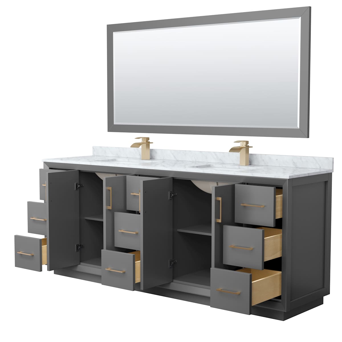 Strada 84" Free Standing Double Basin Vanity Set with Cabinet, Marble Vanity Top, and Framed Mirror