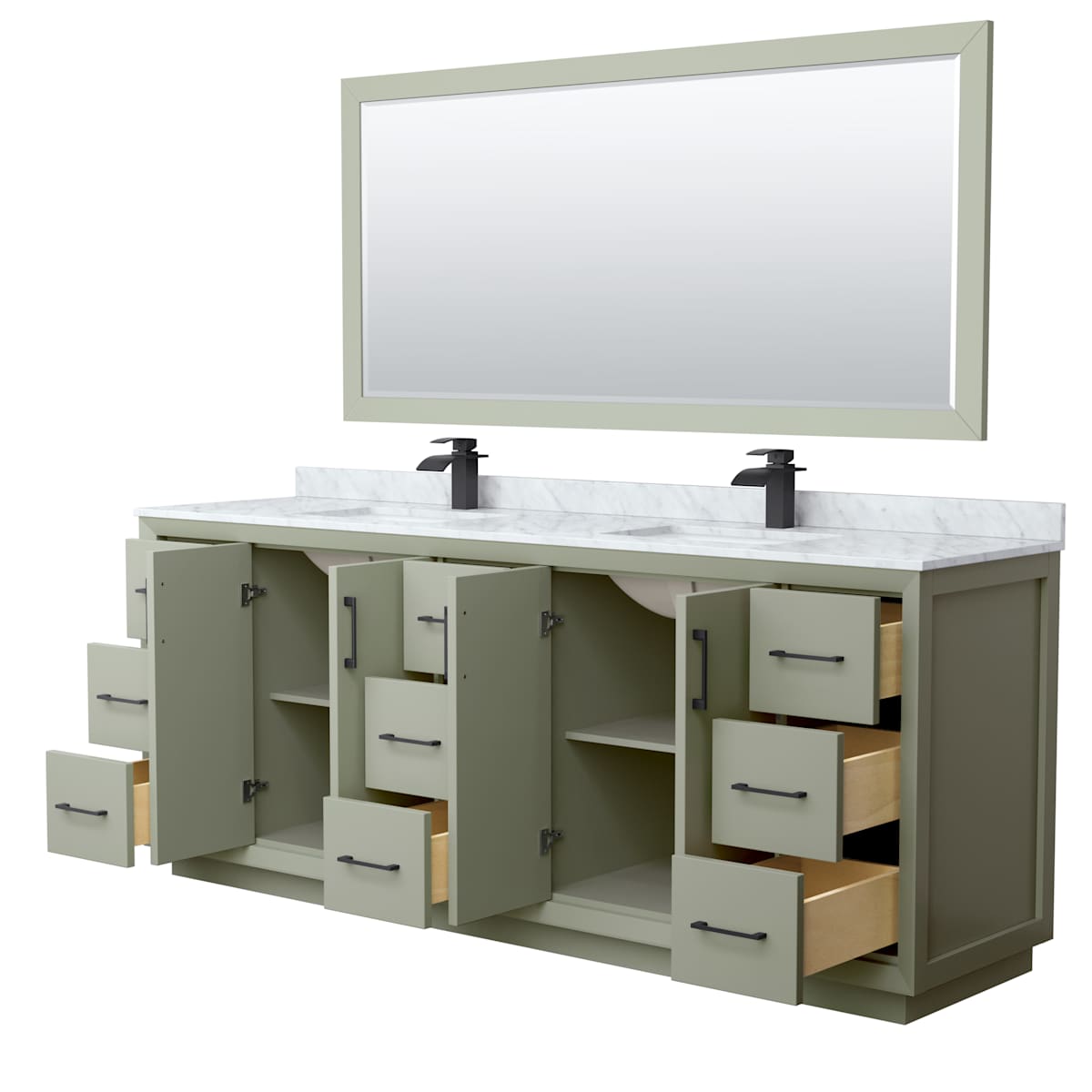 Strada 84" Free Standing Double Basin Vanity Set with Cabinet, Marble Vanity Top, and Framed Mirror
