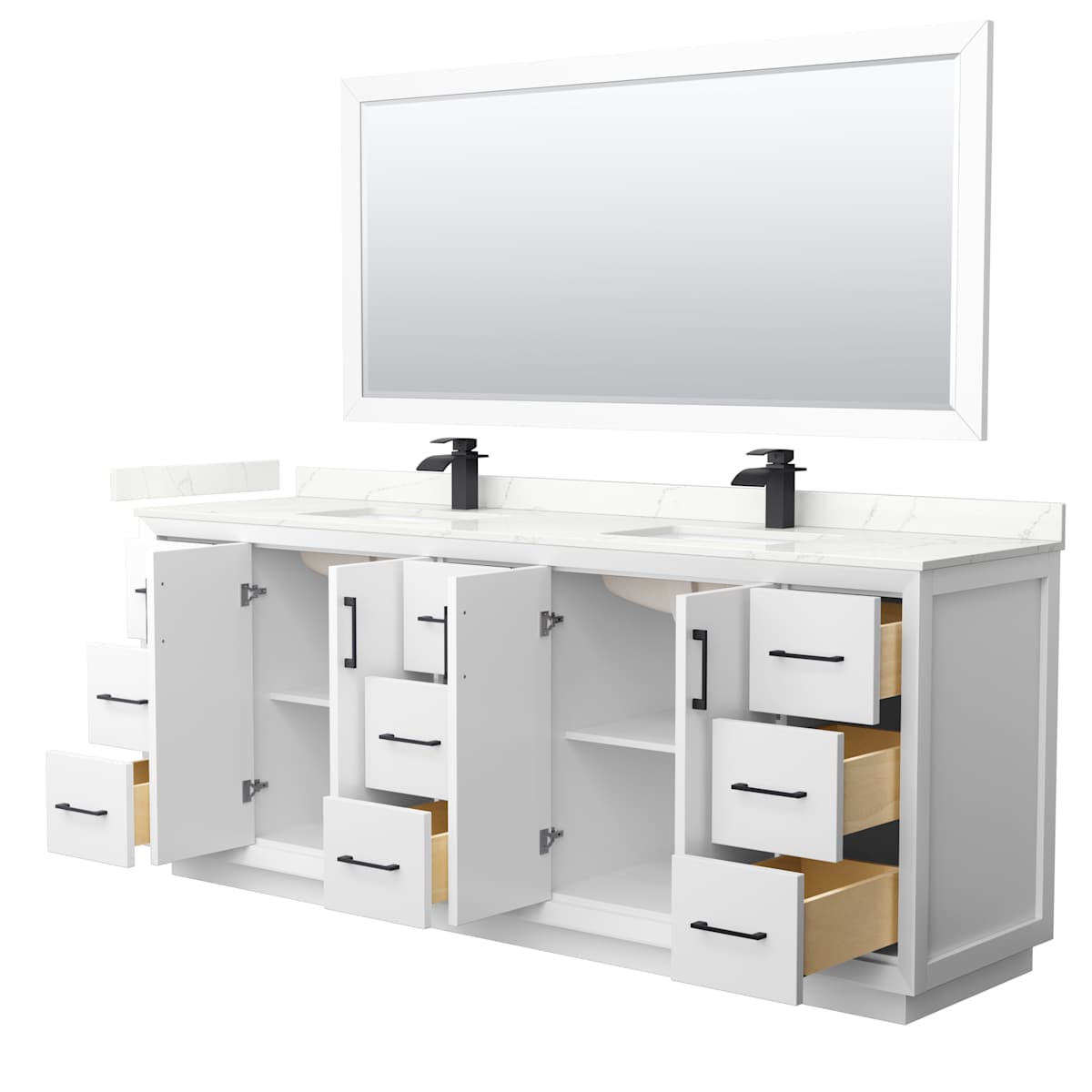 Strada 84" Free Standing Double Basin Vanity Set with Cabinet, Quartz Vanity Top, and Framed Mirror