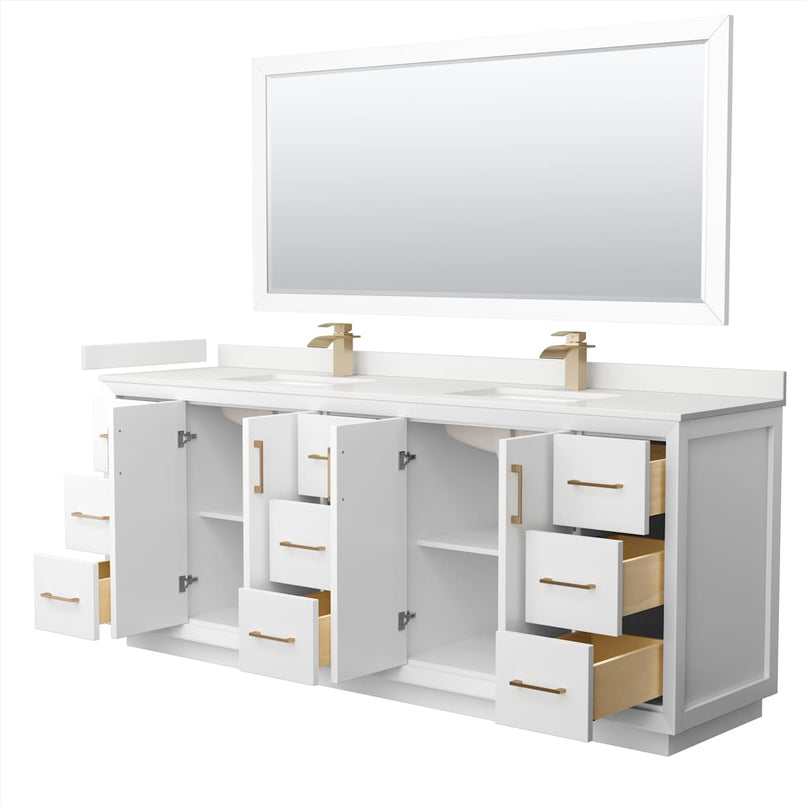 Strada 84" Free Standing Double Basin Vanity Set with Cabinet, Quartz Vanity Top, and Framed Mirror - image 11