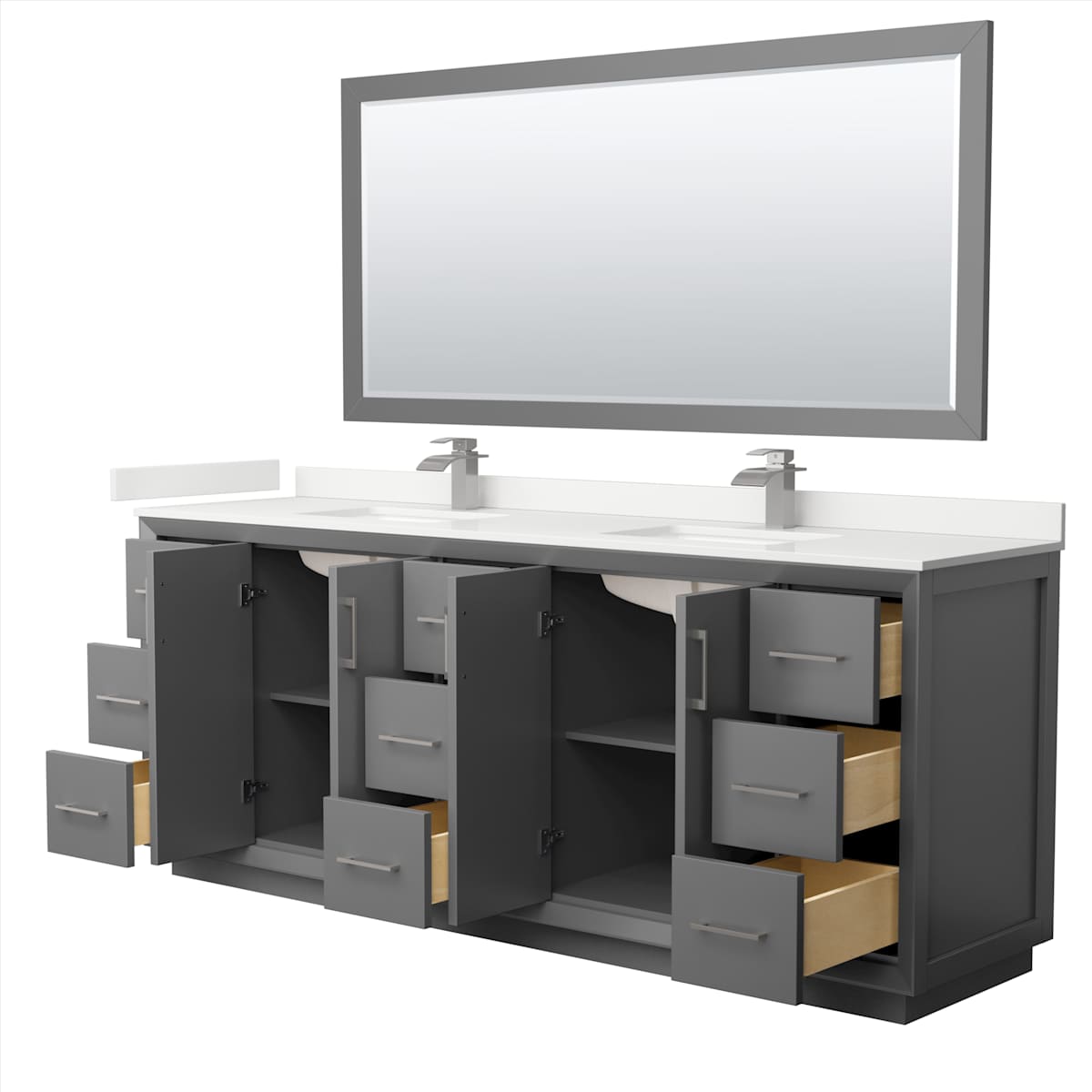 Strada 84" Free Standing Double Basin Vanity Set with Cabinet, Quartz Vanity Top, and Framed Mirror - image 14