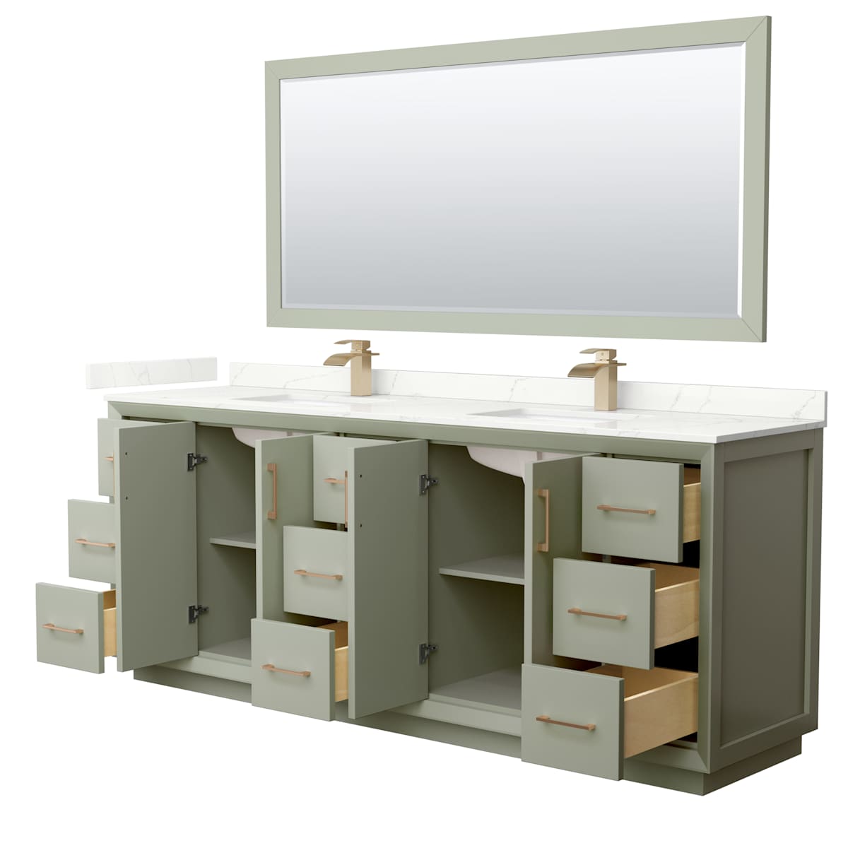 Strada 84" Free Standing Double Basin Vanity Set with Cabinet, Quartz Vanity Top, and Framed Mirror - image 20