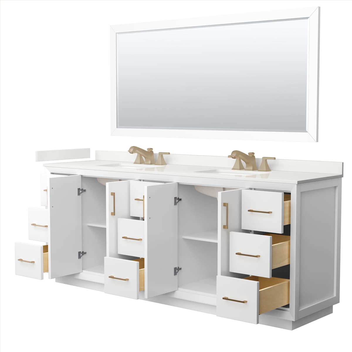 Strada 84" Free Standing Double Basin Vanity Set with Cabinet, Quartz Vanity Top, and Framed Mirror