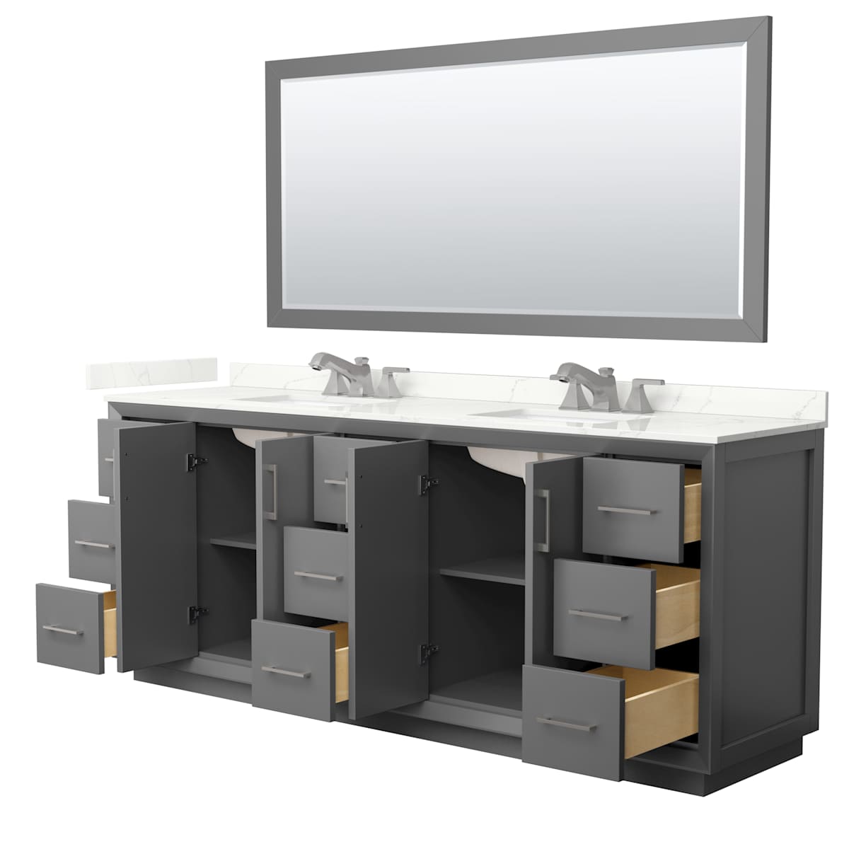 Strada 84" Free Standing Double Basin Vanity Set with Cabinet, Quartz Vanity Top, and Framed Mirror