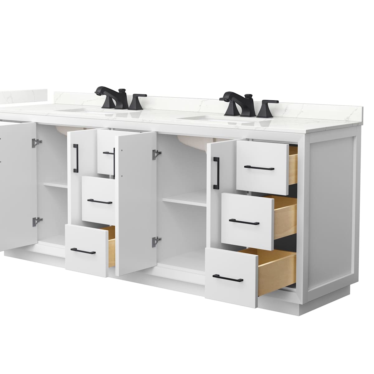 Strada 84" Free Standing Double Basin Vanity Set with Cabinet and Quartz Vanity Top