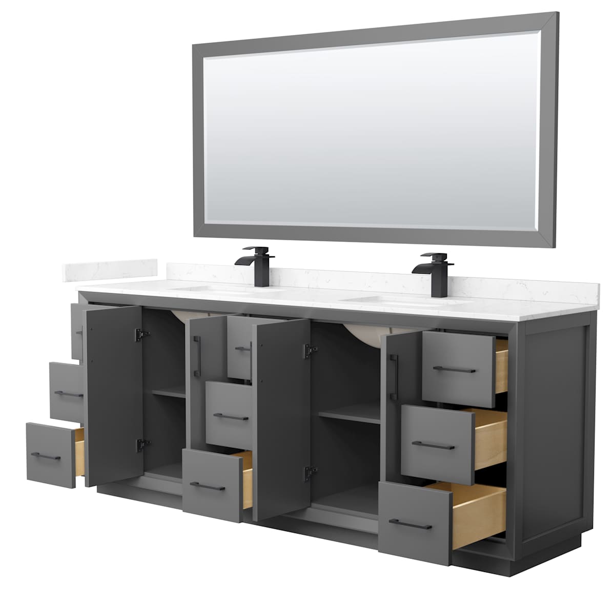 Strada 84" Free Standing Double Basin Vanity Set with Cabinet, Cultured Marble Vanity Top, and Framed Mirror