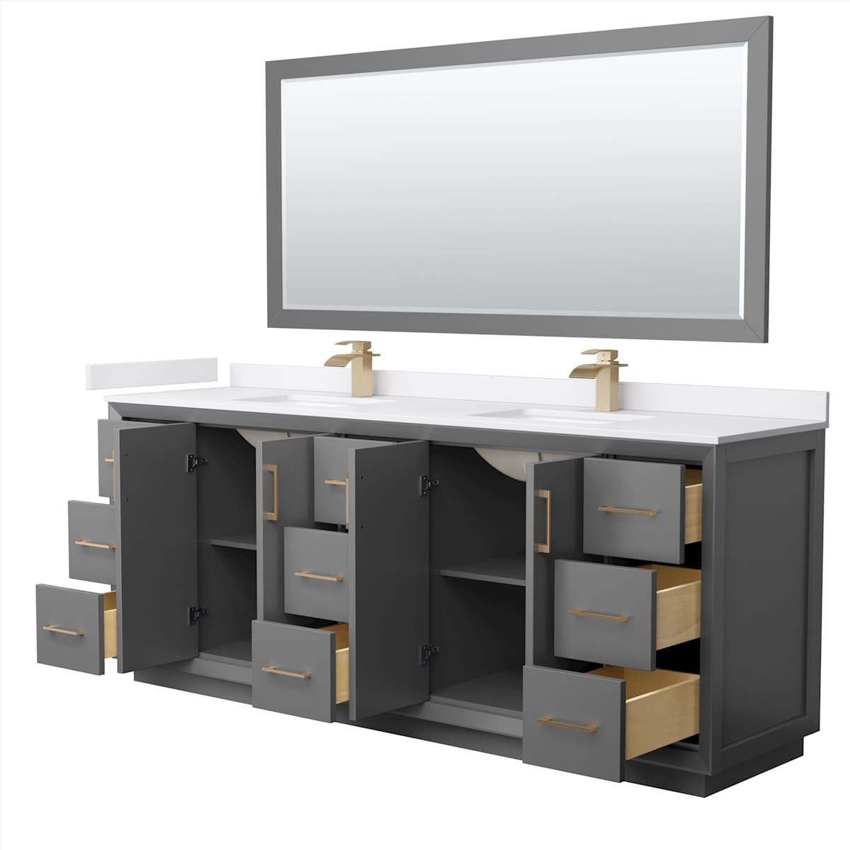 Strada 84" Free Standing Double Basin Vanity Set with Cabinet, Cultured Marble Vanity Top, and Framed Mirror