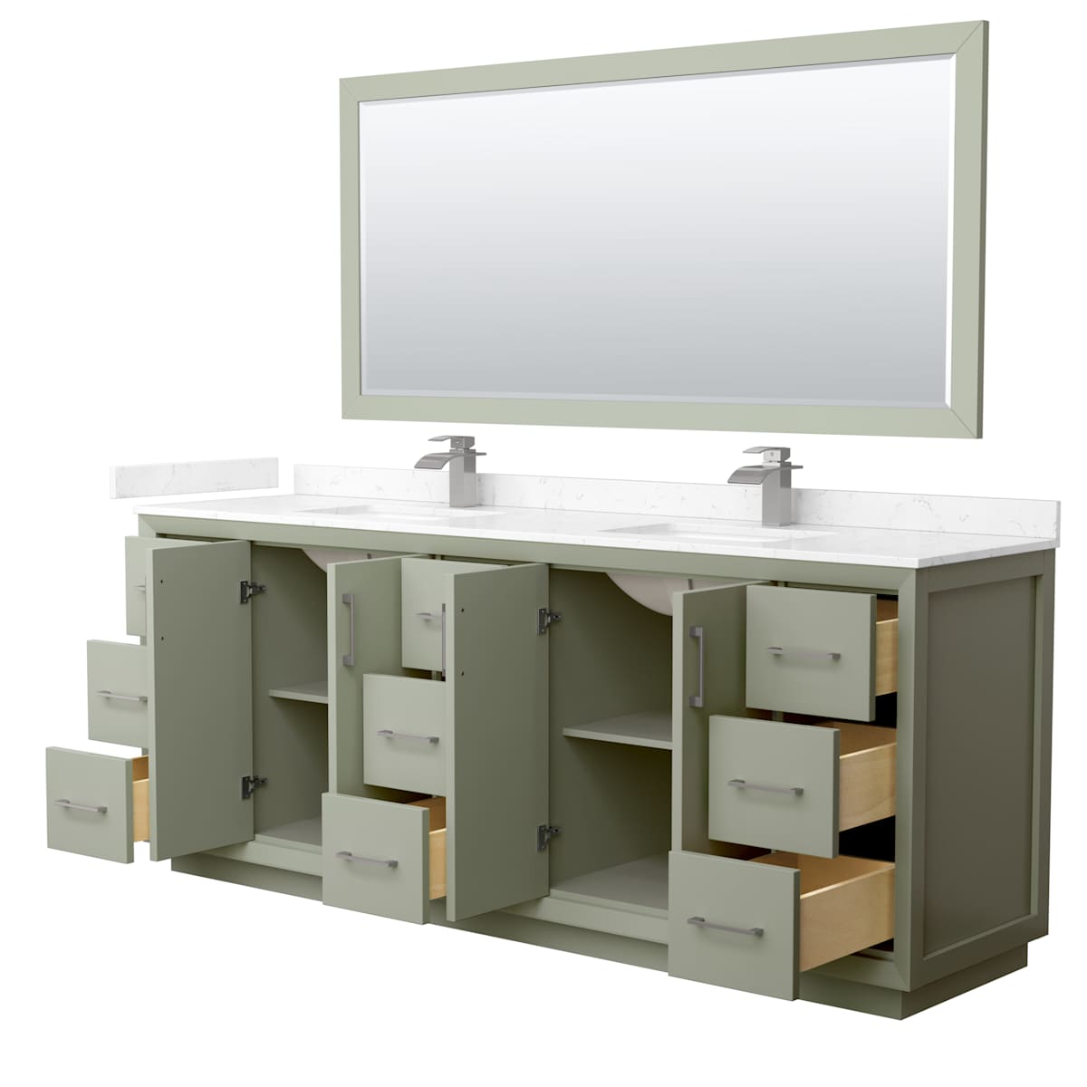 Strada 84" Free Standing Double Basin Vanity Set with Cabinet, Cultured Marble Vanity Top, and Framed Mirror - image 11
