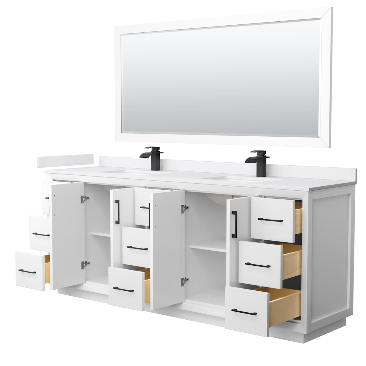 Strada 84" Free Standing Double Basin Vanity Set with Cabinet, Cultured Marble Vanity Top, and Framed Mirror - image 20