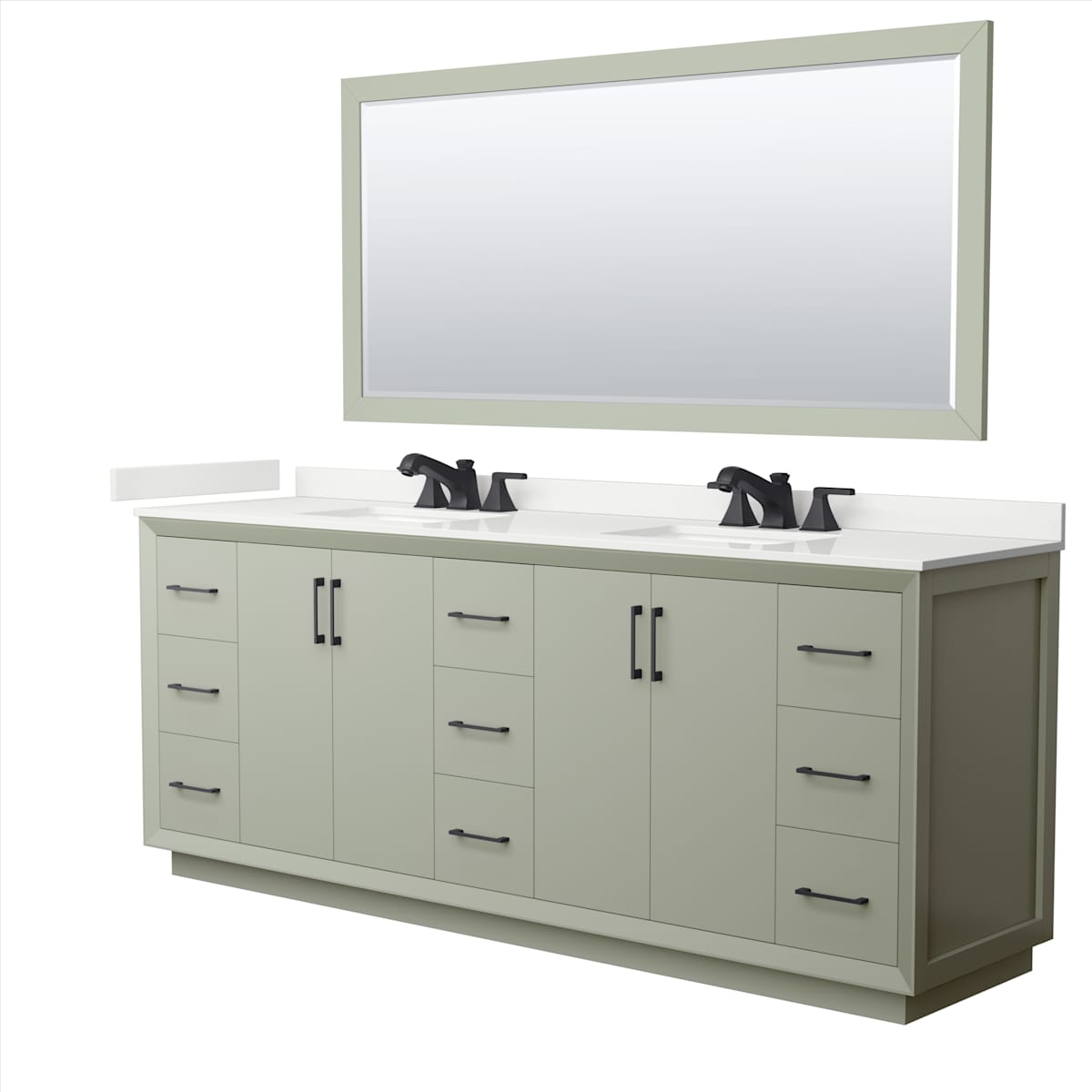 Strada 84" Free Standing Double Basin Vanity Set with Cabinet, Quartz Vanity Top, and Framed Mirror