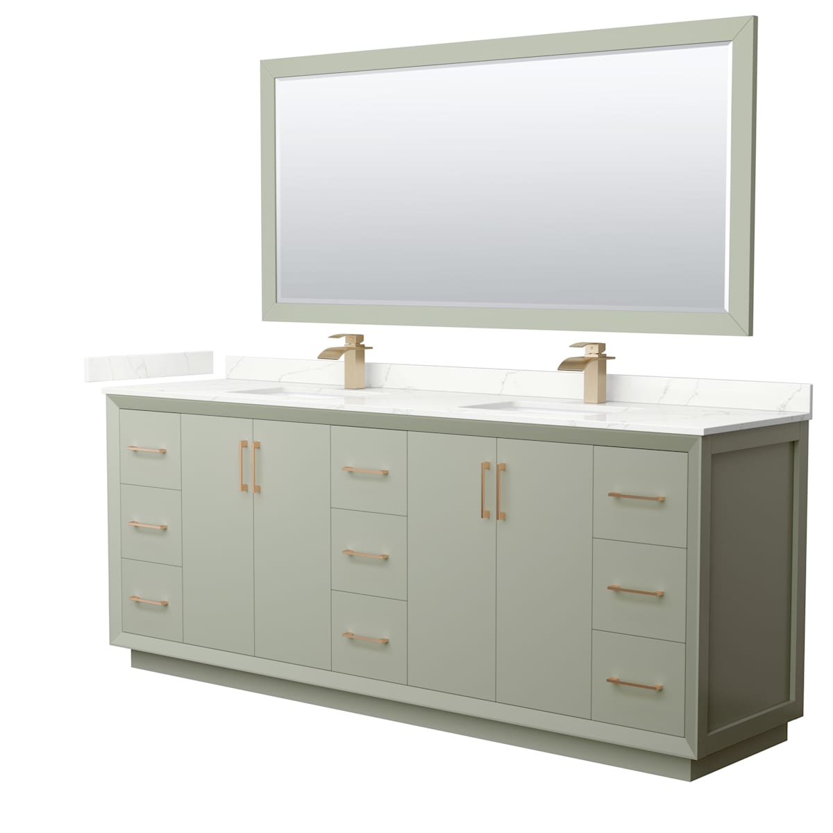 Strada 84" Free Standing Double Basin Vanity Set with Cabinet, Quartz Vanity Top, and Framed Mirror