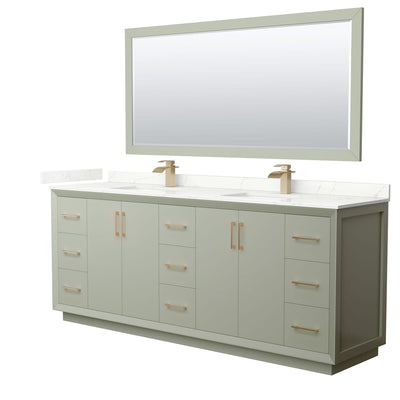 Strada 84" Free Standing Double Basin Vanity Set with Cabinet, Quartz Vanity Top, and Framed Mirror - image 1
