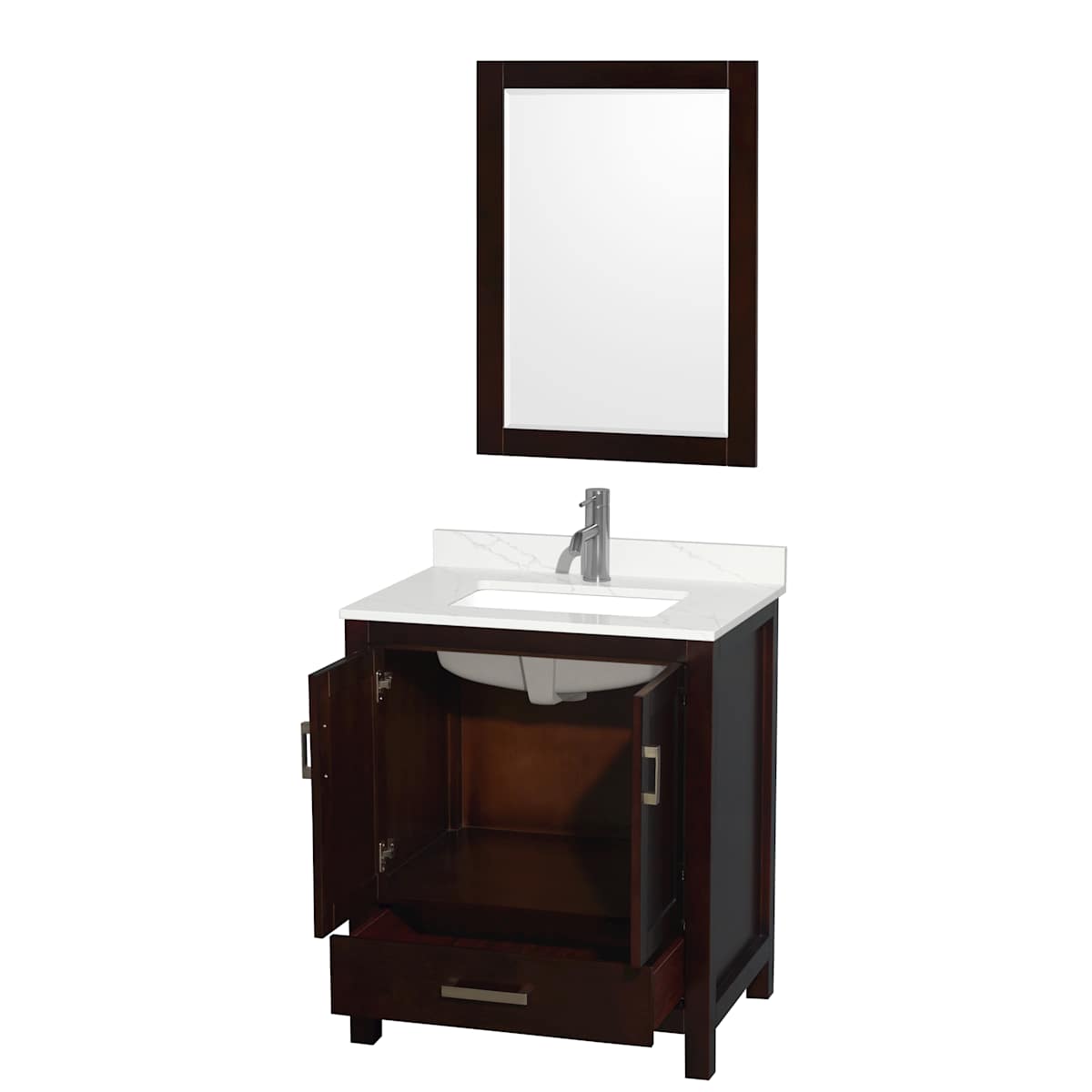 Sheffield 30" Free Standing Single Basin Vanity Set with Cabinet, Quartz Vanity Top, and Framed Mirror