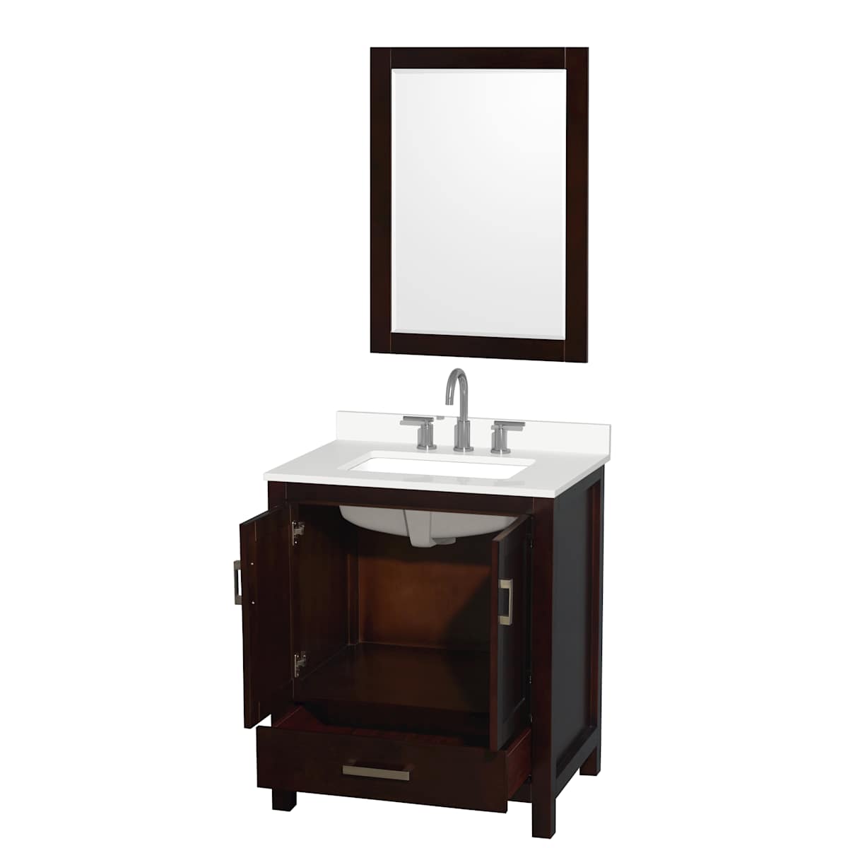 Sheffield 30" Free Standing Single Basin Vanity Set with Cabinet, Quartz Vanity Top, and Framed Mirror