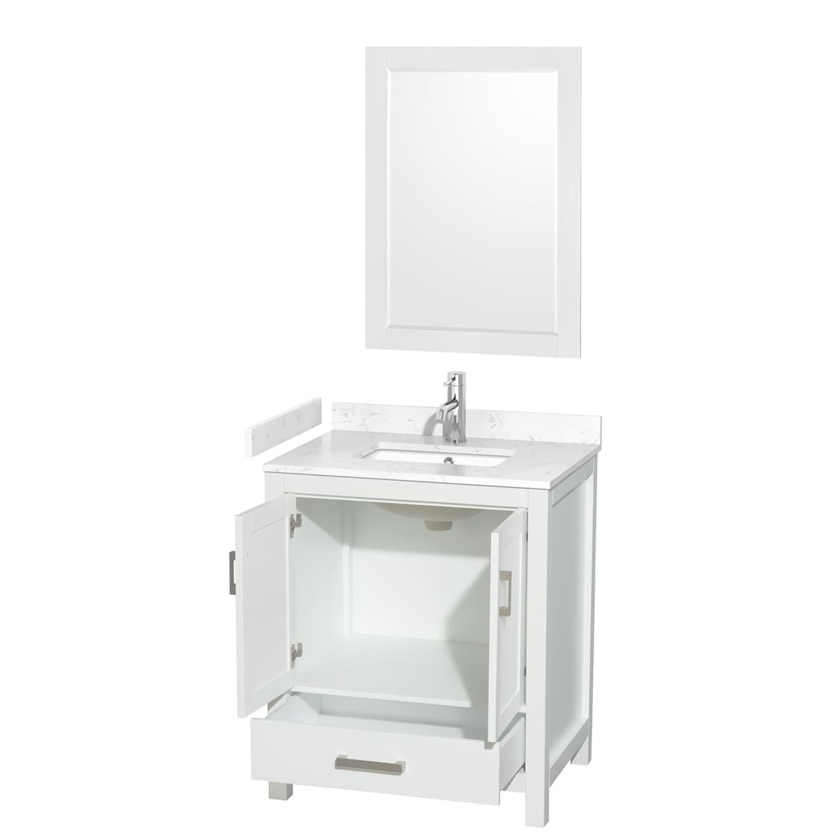 Sheffield 30" Free Standing Single Basin Vanity Set with Cabinet, Cultured Marble Vanity Top, and Framed Mirror