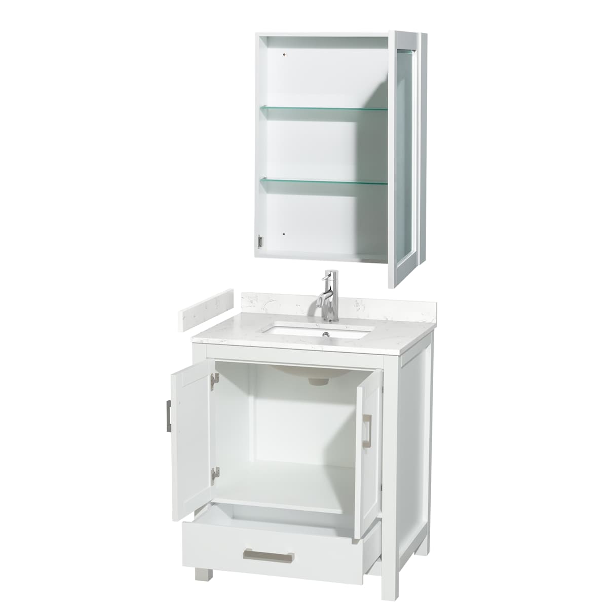 Sheffield 30" Free Standing Single Basin Vanity Set with Cabinet, Cultured Marble Vanity Top, and Medicine Cabinet