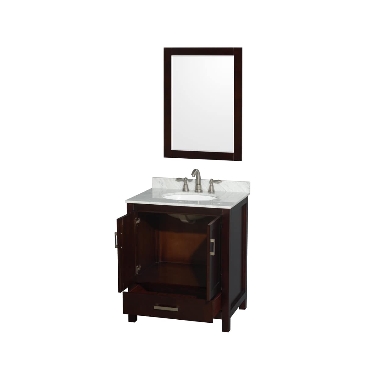 Sheffield 30" Free Standing Single Basin Vanity Set with Cabinet, Marble Vanity Top, and Framed Mirror