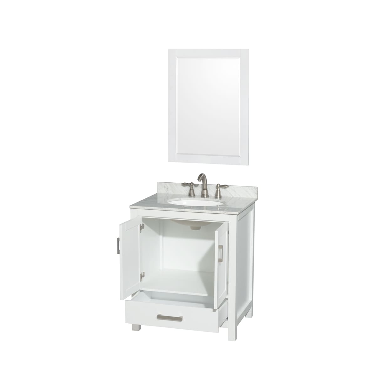 Sheffield 30" Free Standing Single Basin Vanity Set with Cabinet, Marble Vanity Top, and Framed Mirror