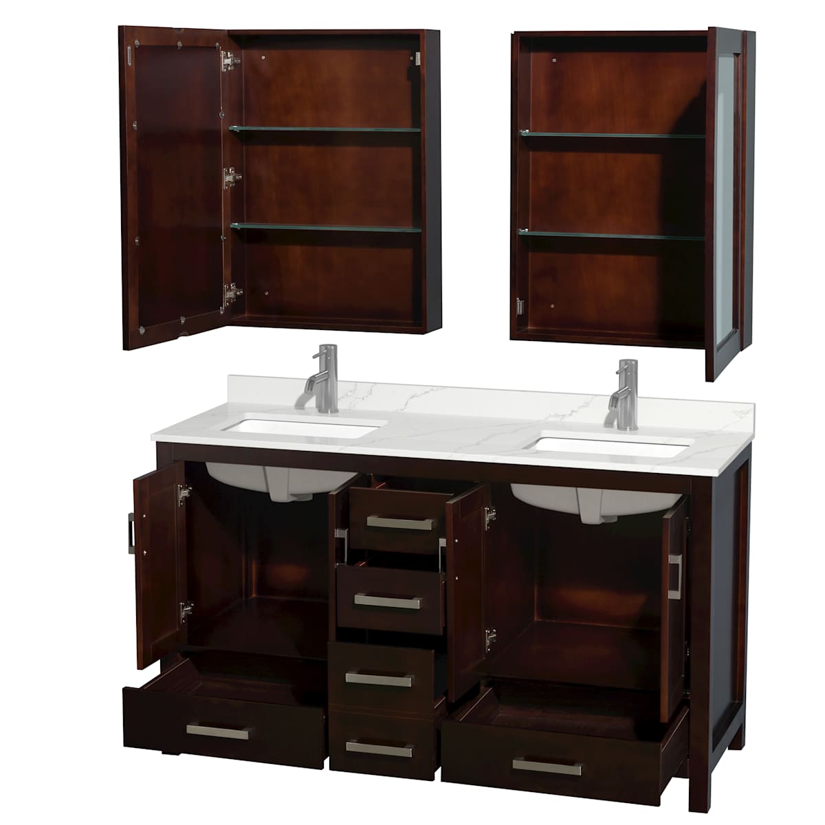 Sheffield 60" Free Standing Double Basin Vanity Set with Cabinet, Quartz Vanity Top, and Medicine Cabinet