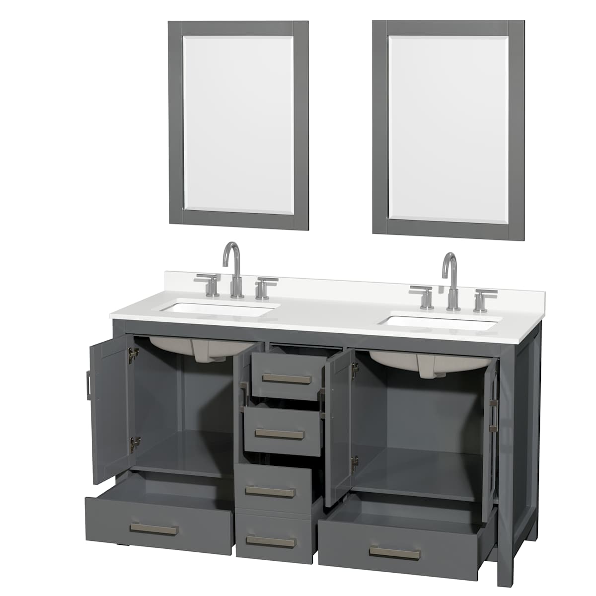 Sheffield 60" Free Standing Double Basin Vanity Set with Cabinet, Quartz Vanity Top, and Framed Mirror
