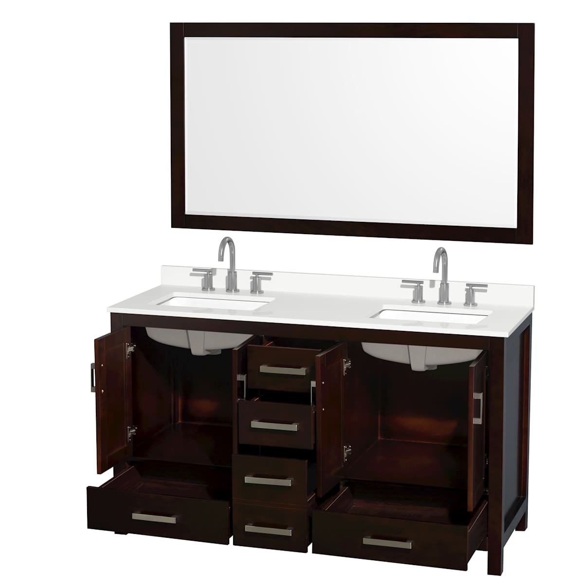 Sheffield 60" Free Standing Double Basin Vanity Set with Cabinet, Quartz Vanity Top, and Framed Mirror